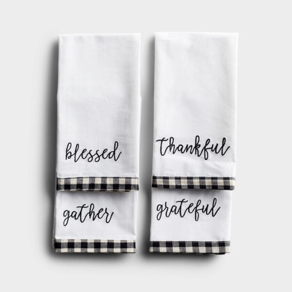 Black & White Check Napkins Set your table with these neutral plaid napkins. They match almost anything and have inspirational words embroidered on each napkin. Made in a fair trade factory.Message:Napkin 1:blessedNapkin 2:thankfulNapkin 3:gatherNapkin 4:gratefulProduct details:4 NapkinsSize: approx. 20 1/2" x 21"Machine wash cold in gentle cycleDo not bleachLine dry or tumble dry low no heatDo not iron directly on designHandmade in India by Daughters of HopeProduct by Glory Haus