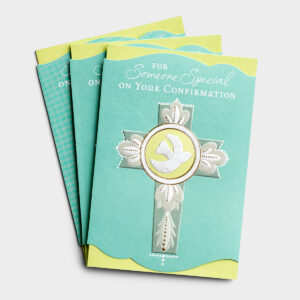 Confirmation - For Someone Special - Cross & Dove - 3 Premium Cards Cover:For Someone SpecialOn Your ConfirmationInside:May the Holy Spirit guide youas you grow in faith-serving God and othersin the name of Christ.Praying God's rich blessingsfor you now and always.Scripture:The Counselor