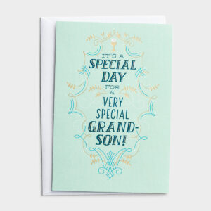 Communion - Grandson - Special Day - 1 Premium Card Cover:It's ASpecial DayFor AVery SpecialGrandson!Inside:Congratulationson your firstHoly Communion-Love youand so proudof you too!Product Details:1 premium card and envelopeCard features foilFolded card size: 4 11/16" x 6 13/16"