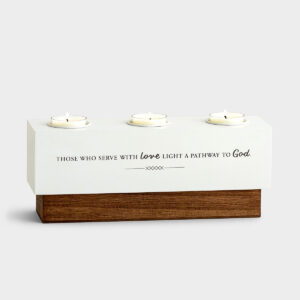 Serve with Love - Commemorative Candle Holder Commemorate a loved one's life with this inspirational candle tray. The simple design can fit anywhere in your home where you can spend a quiet moment with the memories of that special person.Message:(Side 1)Those who serve with love light a pathway to God.(Side 2)We continually recall before God our Father the things you have done.I Thessalonians 1:3Product details:Commemorative candle holderSize: 4" x 10" x 3"Material: wood compositeTea-lights only/ not includedProduct by DaySpring