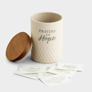 Prayers of Hope - Message Jar The Prayers of Hope jar is a perfect gift to encourage a loved one or to use the cards to bless others yourself. The textured ceramic jar comes with an acadia wood lid and 30 prayer cards inside.Message on jar:Prayers of HopeSample card message:Lord
