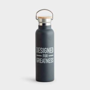Designed For Greatness - Metal Water Bottle This Designed for Greatness metal water bottle is such a great gift to remind someone that they are here for God's special purpose. The wooden twist top has a handle to easily carry it throughout your day.Message: (Front)Designed for Greatness(Back)Just thinkYou're here not by chance but by God's choosing