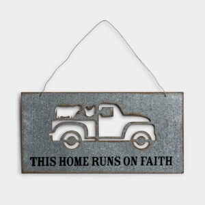 This Home Runs On Faith - Metal Wall Art This eye-catching wall art is a perfect way to express your faith with your home decor. The unique die-cut truck will be sure to get a comment from everyone who enters your home.Message:This Home Runs On FaithProduct details:Inspirational wall artSize: 6 3/8" x 15 5/8"Material: galvanized metalWire hangerProduct by DaySpring