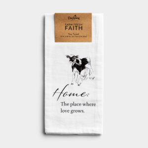 Home - Farm Fresh Faith Tea Towel The Farm Fresh Faith line was created to bring some of the beauty of the farm into your home. These tea towels make wonderful house warming gifts.Message:Home:The place where love grows.Artist Spotlight:This beautiful design was hand drawn by DaySpring artist Amber Roderick. She gained inspiration from God's stunning creation in the farmlands of rural America. We hope it will be a reminder that you