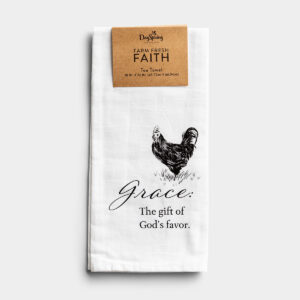 Grace - Farm Fresh Faith Tea Towel The Farm Fresh Faith line was created to bring some of the beauty of the farm into your home. These tea towels make wonderful house warming gifts.Message:Grace:The gift of God's favor.Artist Spotlight:This beautiful design was hand drawn by DaySpring artist Amber Roderick. She gained inspiration from God's stunning creation in the farmlands of rural America. We hope it will be a reminder that you