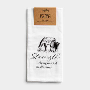 Strength - Farm Fresh Faith Tea Towel The Farm Fresh Faith line was created to bring some of the beauty of the farm into your home. These tea towels make wonderful house warming gifts.Message:Strength:Relying on God in all things.Artist Spotlight:This beautiful design was hand drawn by DaySpring artist Amber Roderick. She gained inspiration from God's stunning creation in the farmlands of rural America. We hope it will be a reminder that you