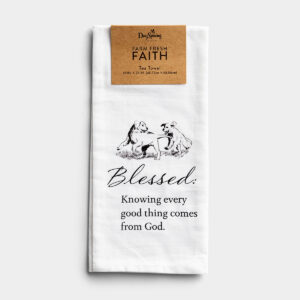 Blessed - Farm Fresh Faith Tea Towel The Farm Fresh Faith line was created to bring some of the beauty of the farm into your home. These tea towels make wonderful house warming gifts.Message:Blessed:Knowing every good thing comes from God.Artist Spotlight:This beautiful design was hand drawn by DaySpring artist Amber Roderick. She gained inspiration from God's stunning creation in the farmlands of rural America. We hope it will be a reminder that you